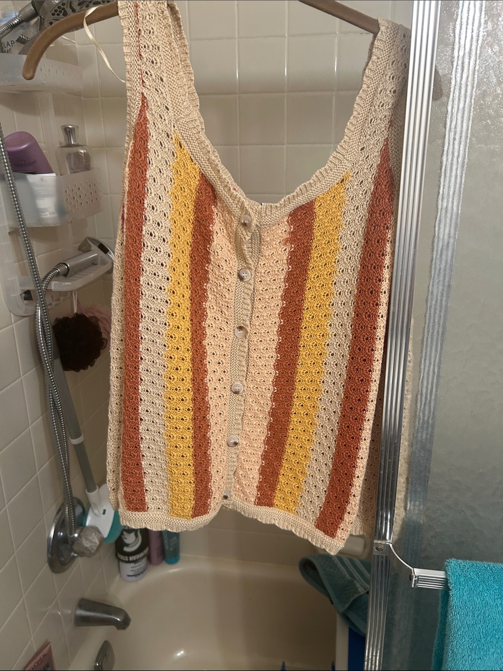Grace Karin Striped Crochet Button-Front Sweater Vest in Cream, Yellow & Rust